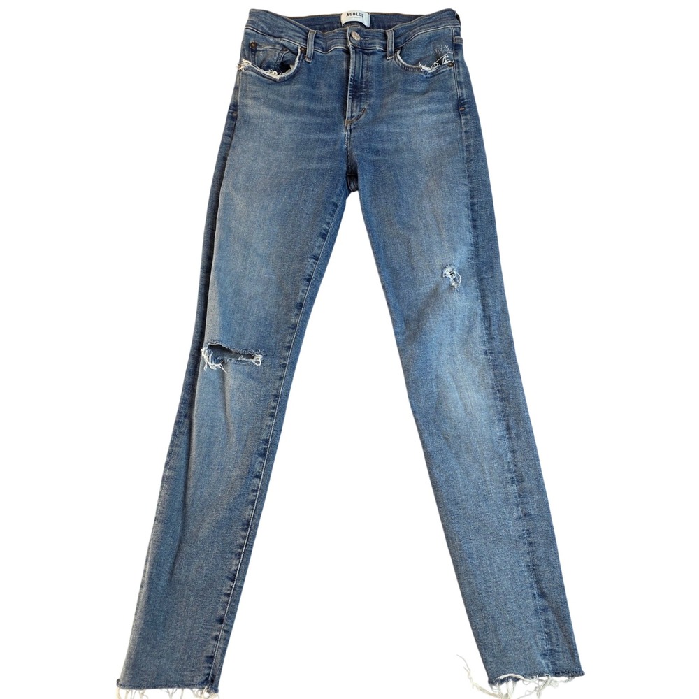 AGOLDE Sophie Skinny Jeans Womens 29 Blue Good Distressed High Rise Raw Hem‎